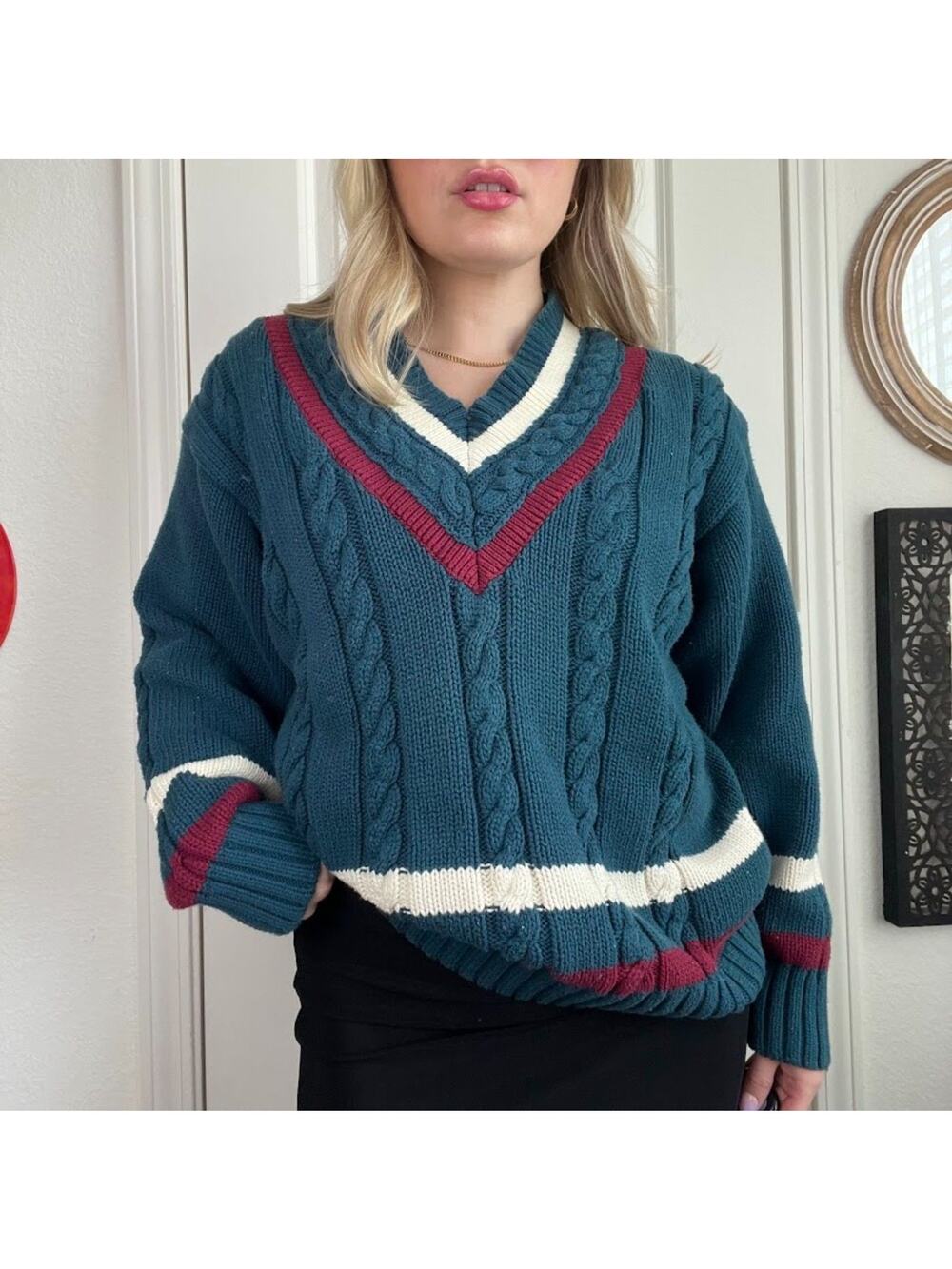 Vintage 90s Y2K Cape Isle Knitters 100% Cotton Varsity Style V Neck Sweater Sz M